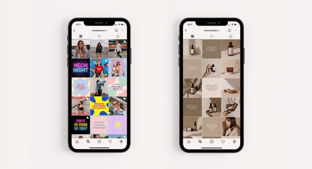 Social media design mistakes brands make shown as two Instagram feeds side by side — inconsistent versus clean and professional by Everwon Studio
